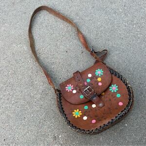 Vintage 60s 70s pastel floral tooled leather saddle bag purse boho
